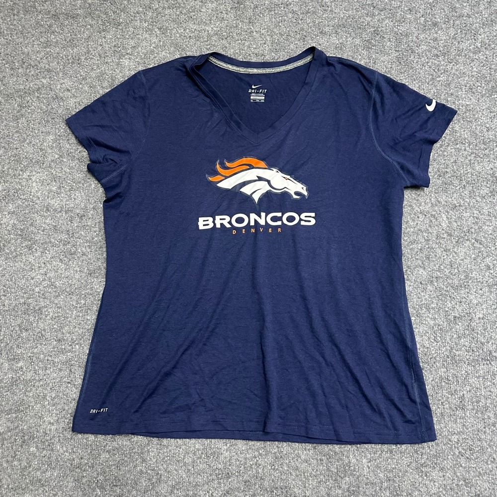 Nike T-Shirt Womens XXL Navy Denver Broncos Dri-Fit V-Neck Short Sleeve Graphic